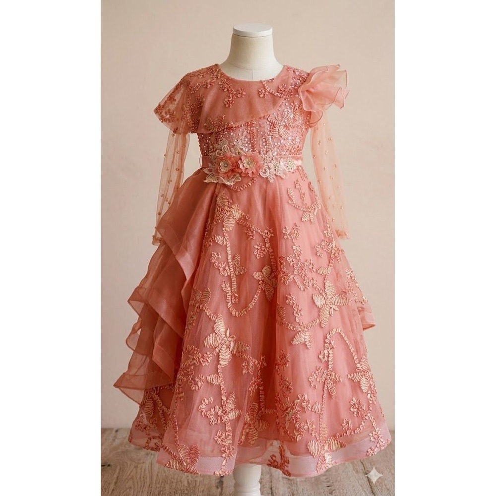 SP Vintage Girl Tiered Coral Pink & Gold Embroidered Gown Floral Applique Ruffle